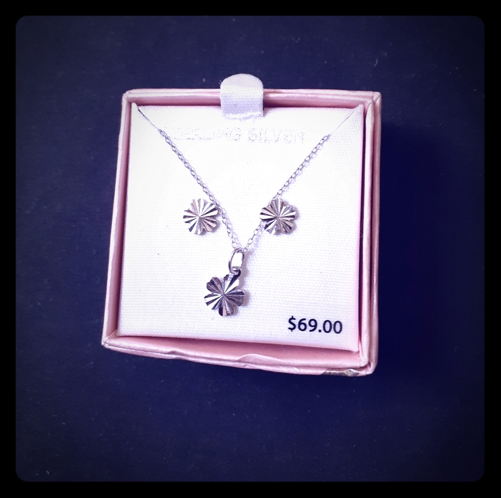 Sterling Silver Flower Earrings and Necklace Set